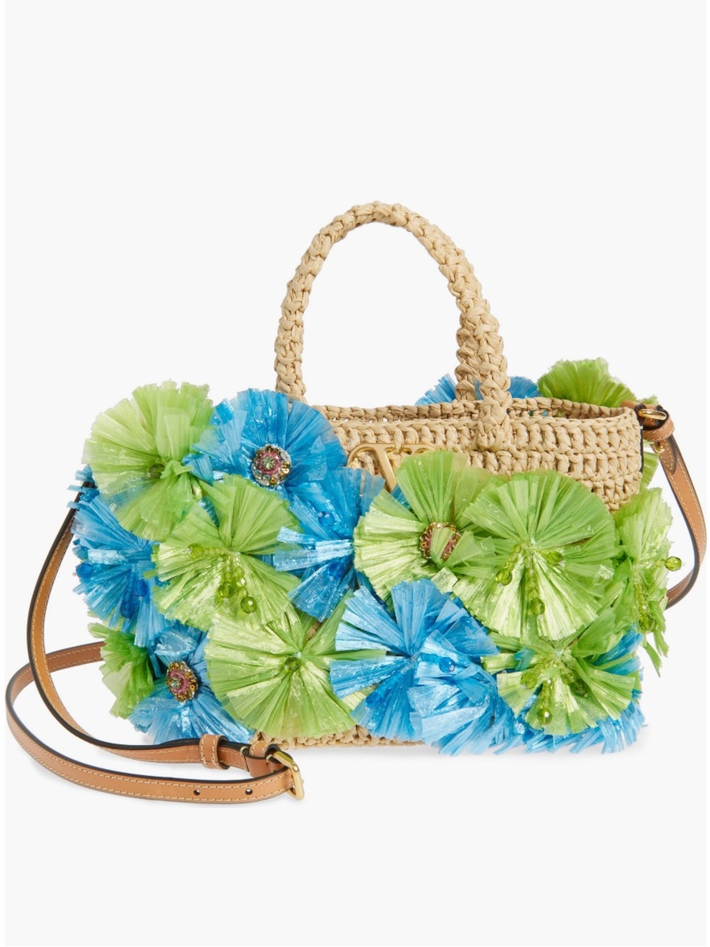Valentino Garavani Straw Crossbody Bag with Blue & Green Floral Appliqués